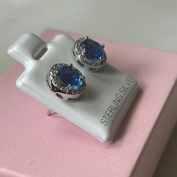 Sterling‎ Silver Blue tanzanite halo Stud Earrings